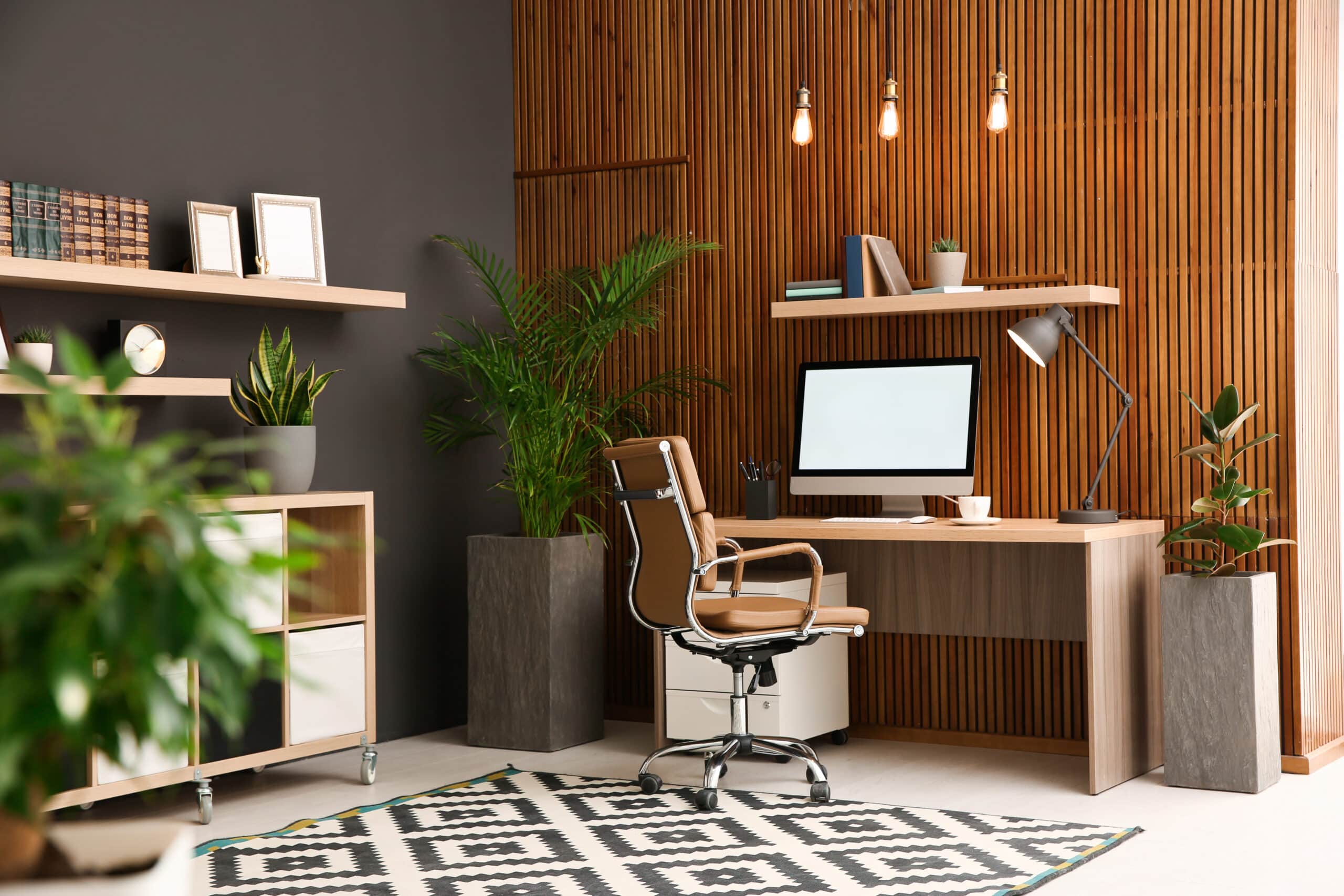 Comfortable,Workplace,With,Computer,Near,Wooden,Wall,In,Stylish,Room
